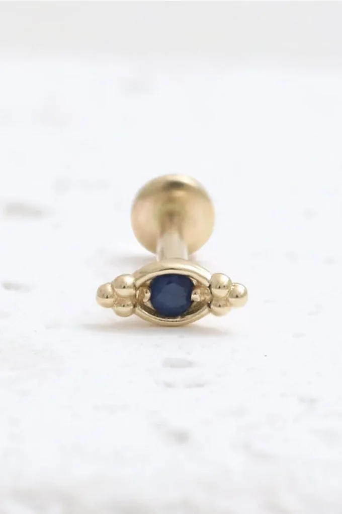 14K Gold Cartilage Helix Tragus Conch Genuine Blue Sapphire Evil Eye Internally Threaded Flat Back Earring Labret