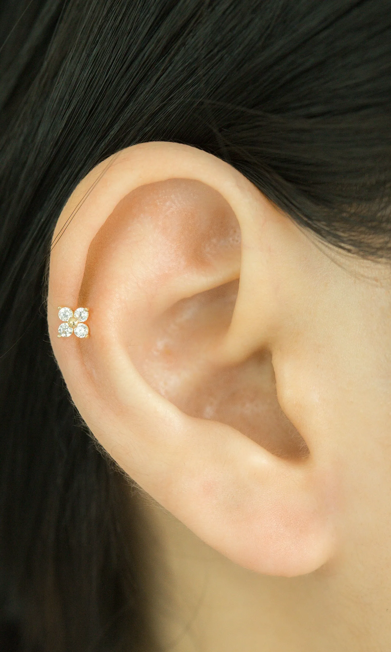 14k Gold Cubic Four Petal Flower Internally Threaded Labret Stud Piercing Flat Back Earring