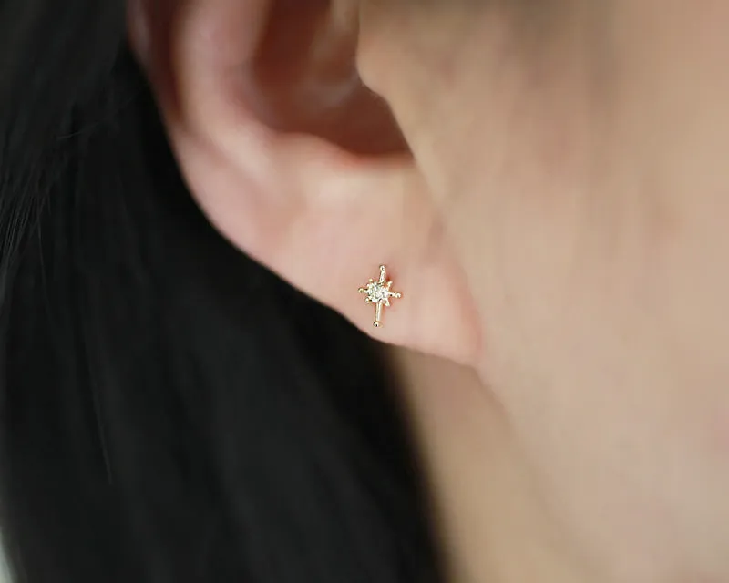 14K Gold CZ, Moissanite, Lab or Genuine Diamond Star Internally Threaded Flat Back Earring Labret