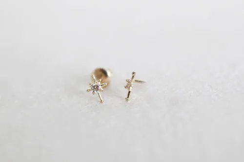 14K Gold CZ, Moissanite, Lab or Genuine Diamond Star Internally Threaded Flat Back Earring Labret