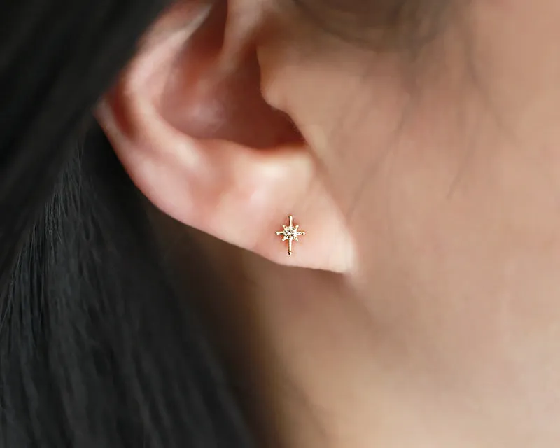 14K Gold CZ, Moissanite, Lab or Genuine Diamond Star Internally Threaded Flat Back Earring Labret