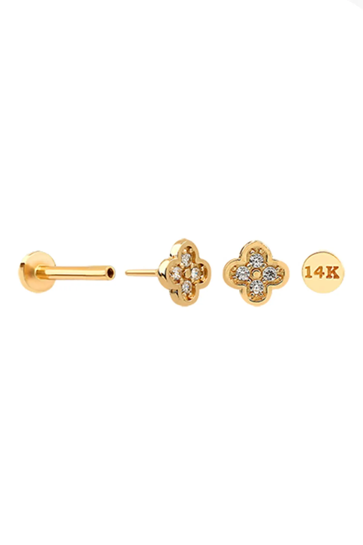 14K Gold CZ,Moissanite,Lab or Diamond Clover Internally Threaded Flat Back Earring Labret