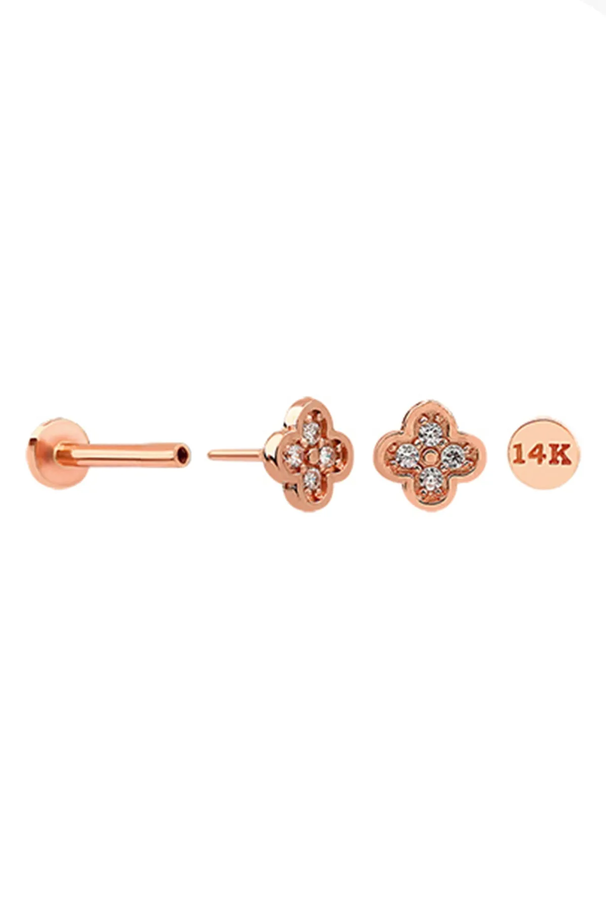 14K Gold CZ,Moissanite,Lab or Diamond Clover Internally Threaded Flat Back Earring Labret