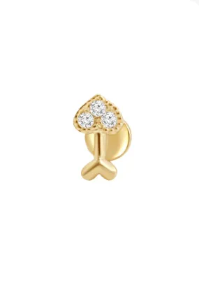 14K Gold CZ,Moissanite,Lab or Diamond Heart Arrow Internally Threaded Flat Back Earring Labret