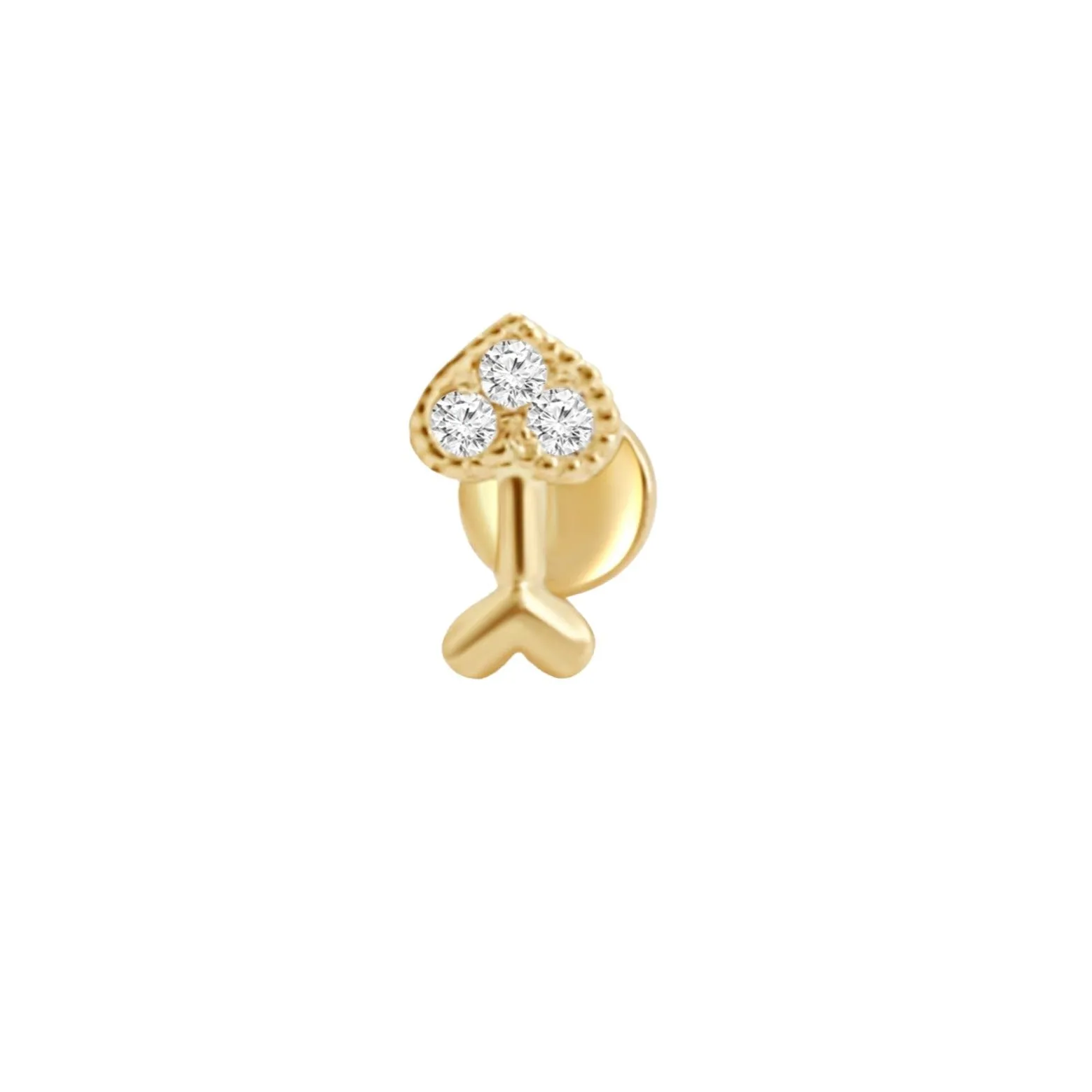 14K Gold CZ,Moissanite,Lab or Diamond Heart Arrow Internally Threaded Flat Back Earring Labret