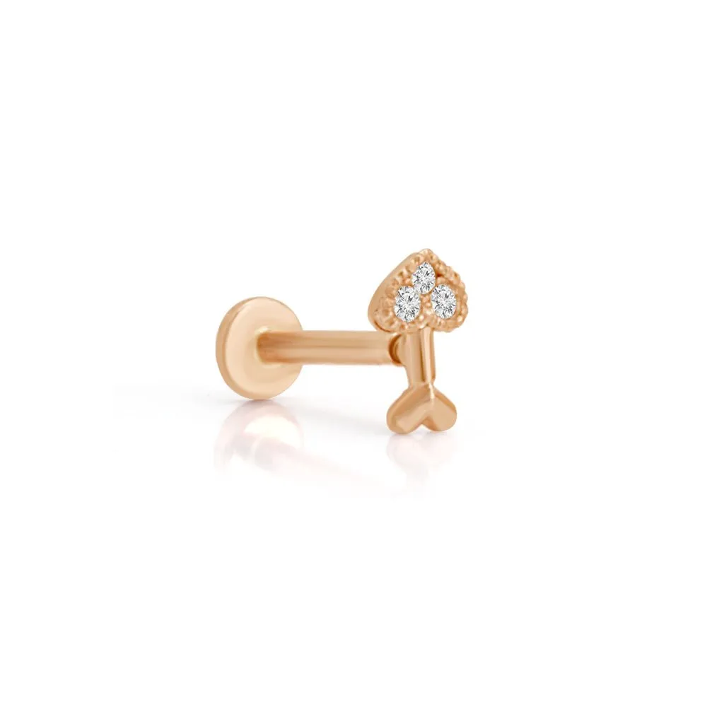 14K Gold CZ,Moissanite,Lab or Diamond Heart Arrow Internally Threaded Flat Back Earring Labret