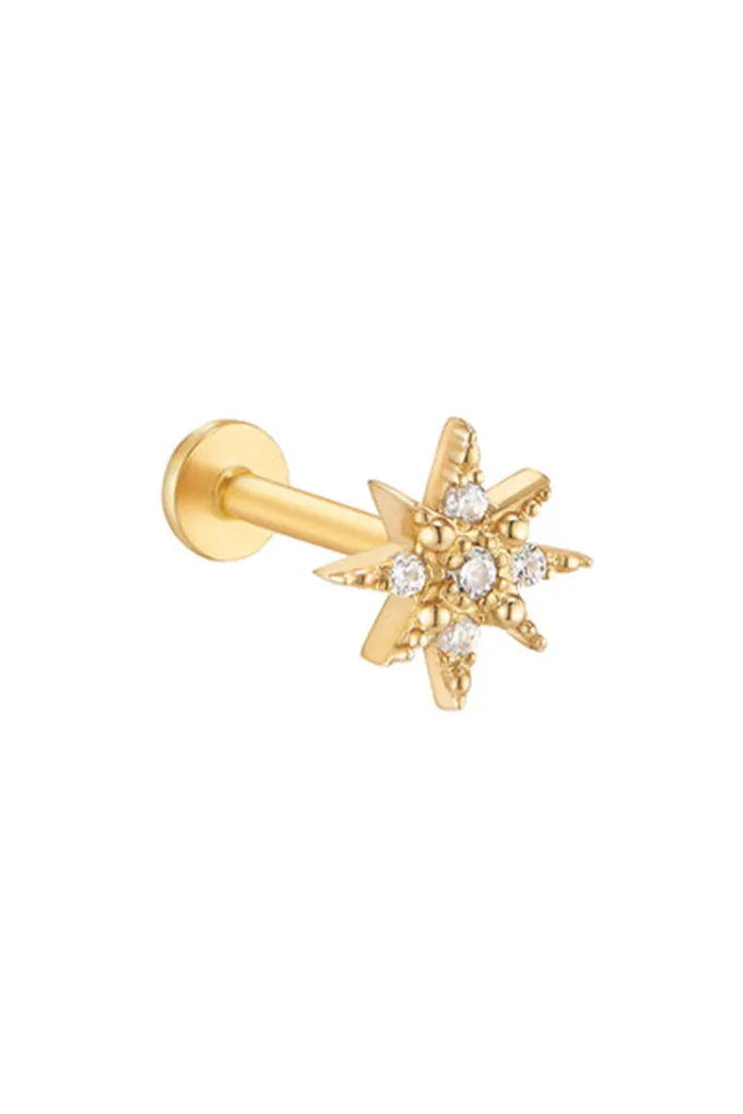 14K Gold CZ,Moissanite,Lab or Genuine Diamond Star Internally Threaded Flat Back Earring Labret