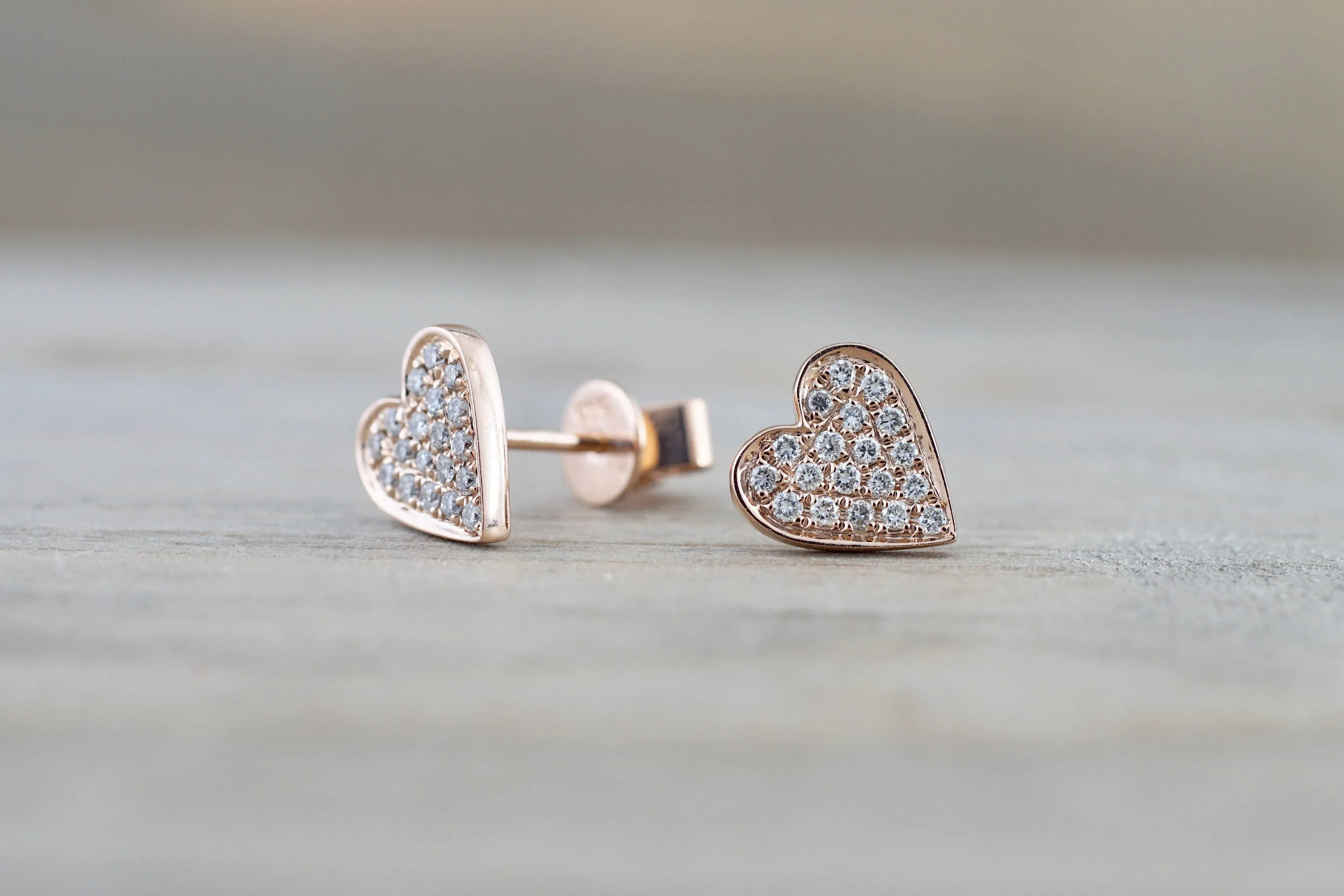 14k Rose Gold Disk Design Heart Diamond Earrings Stud Post Studs Round Micro Pave Flat