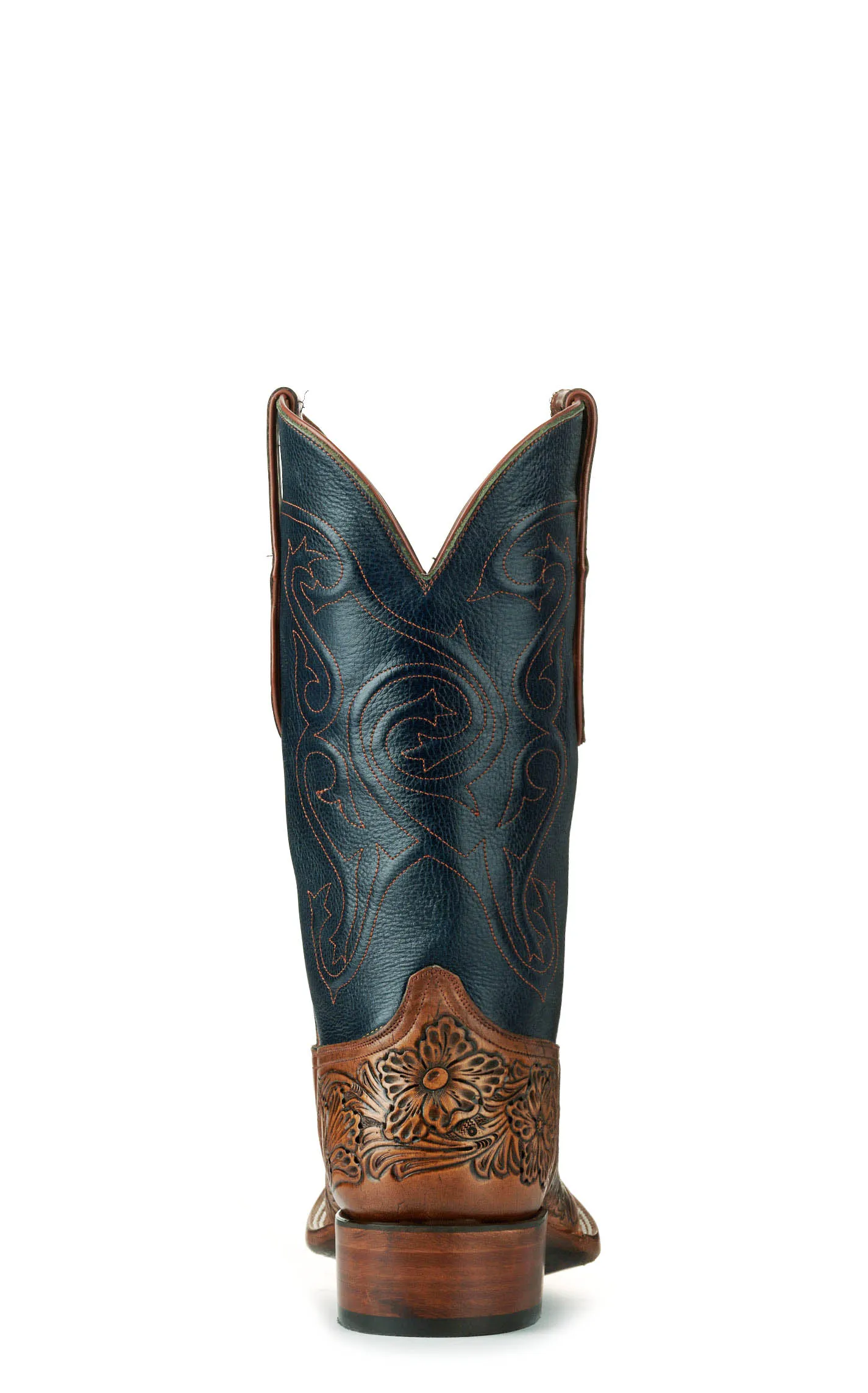 Black Jack Men's Mahogany Tan Hand Tooled and Navy Wide Square Toe Cowboy Boots