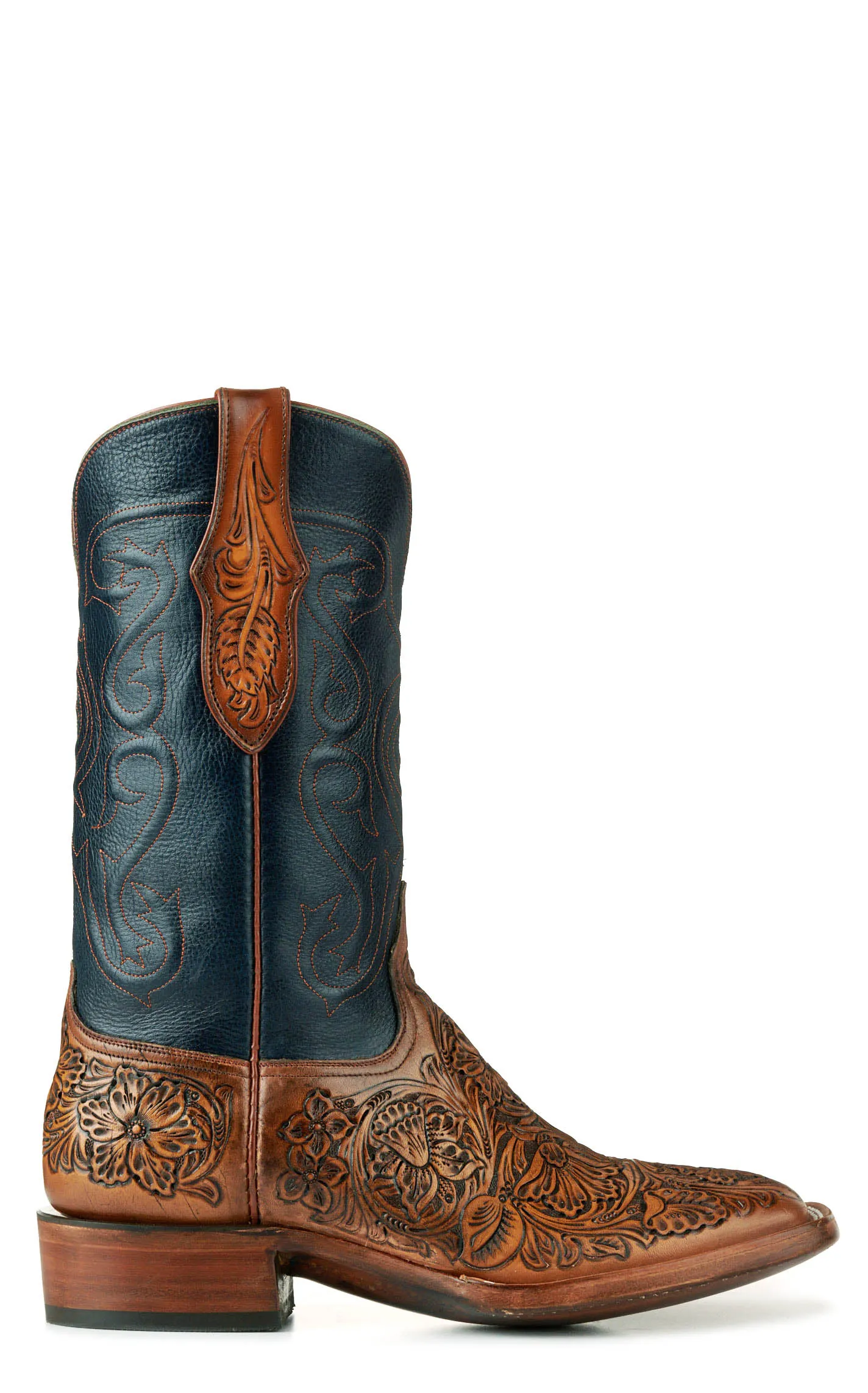 Black Jack Men's Mahogany Tan Hand Tooled and Navy Wide Square Toe Cowboy Boots