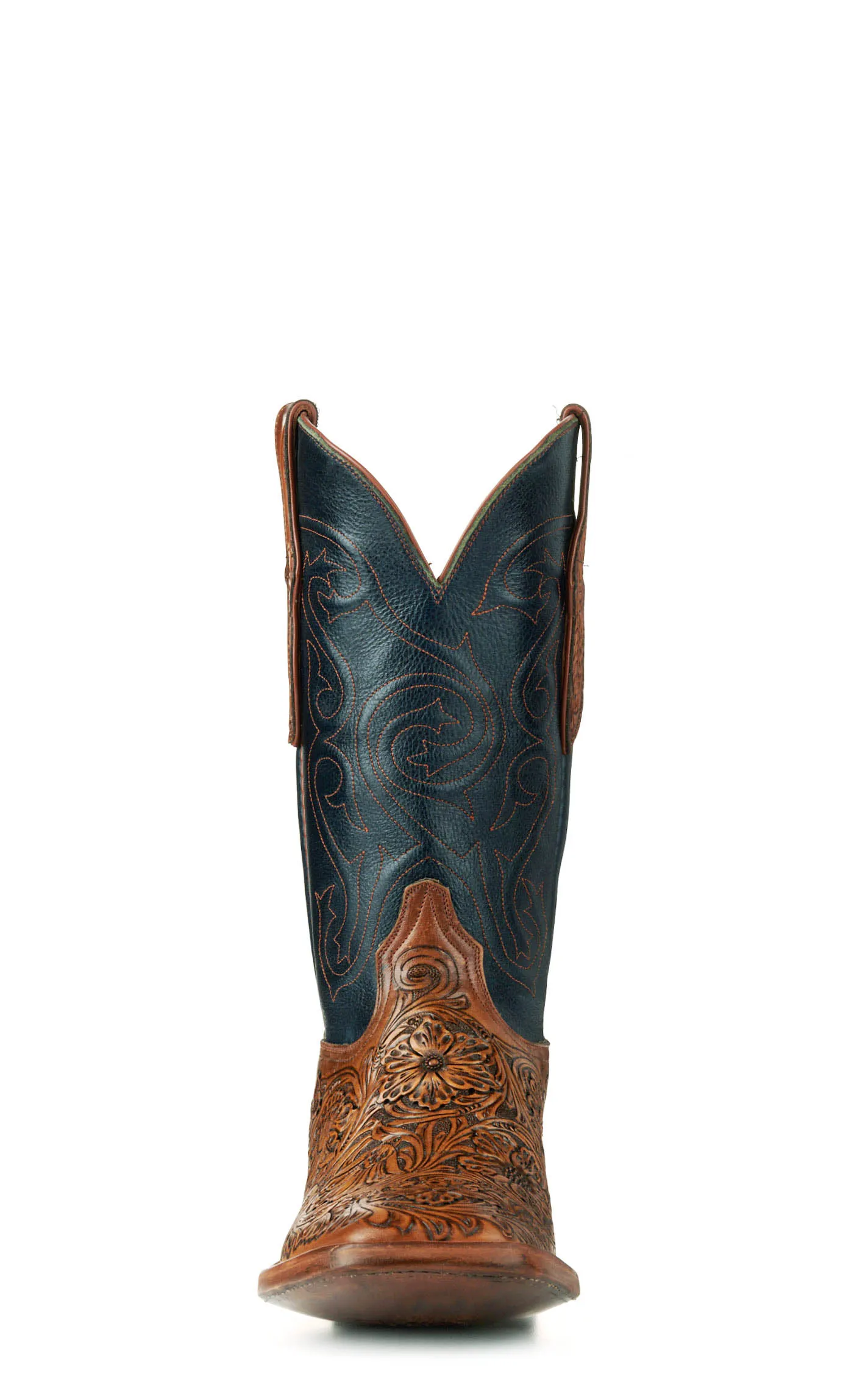 Black Jack Men's Mahogany Tan Hand Tooled and Navy Wide Square Toe Cowboy Boots