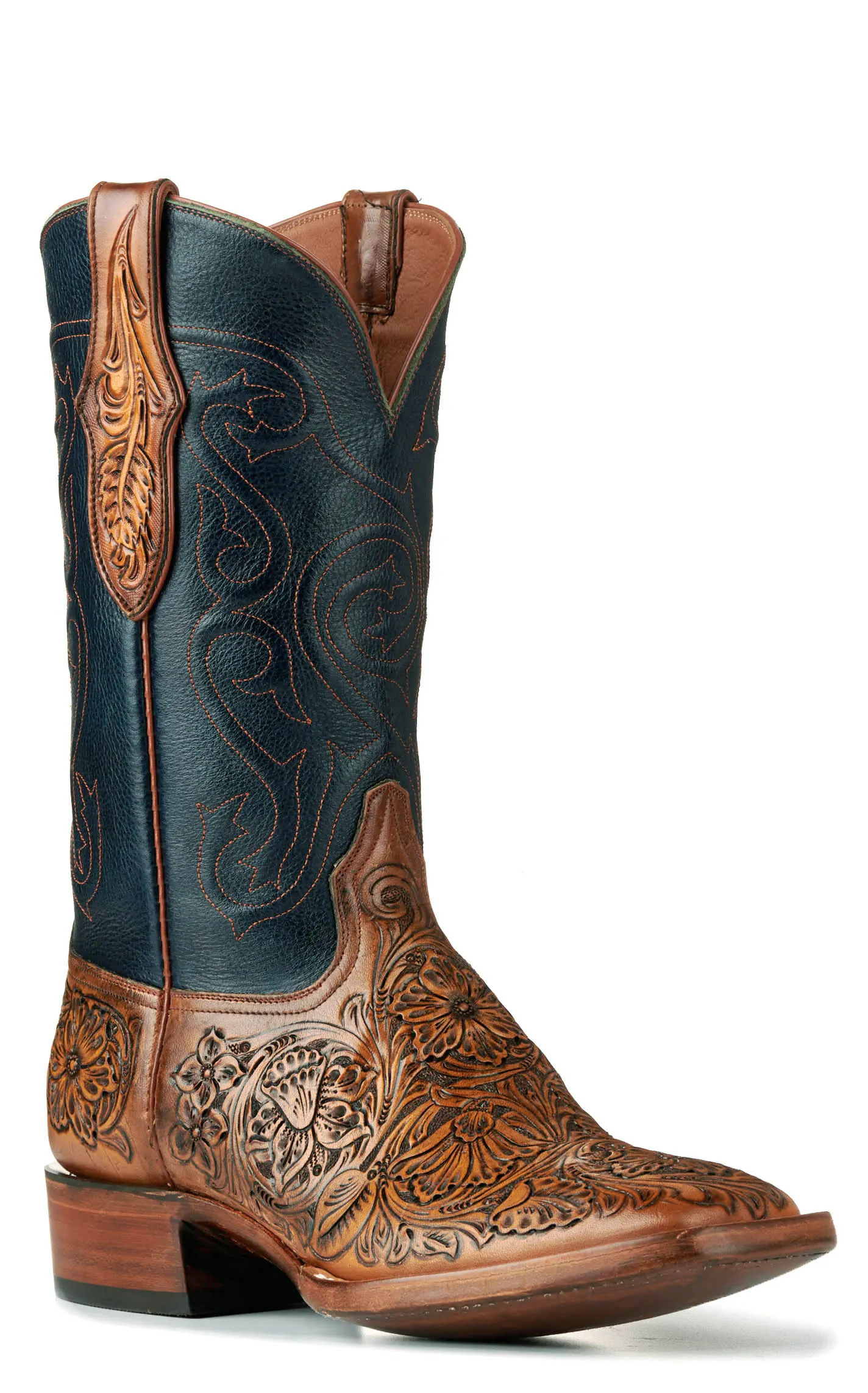 Black Jack Men's Mahogany Tan Hand Tooled and Navy Wide Square Toe Cowboy Boots