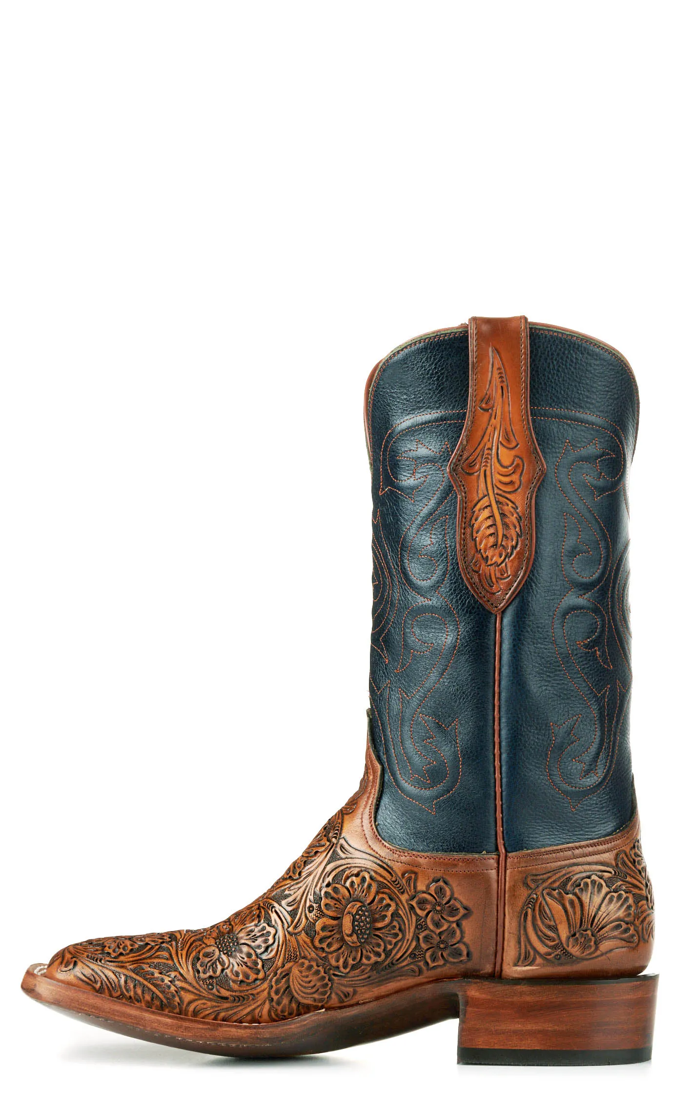 Black Jack Men's Mahogany Tan Hand Tooled and Navy Wide Square Toe Cowboy Boots