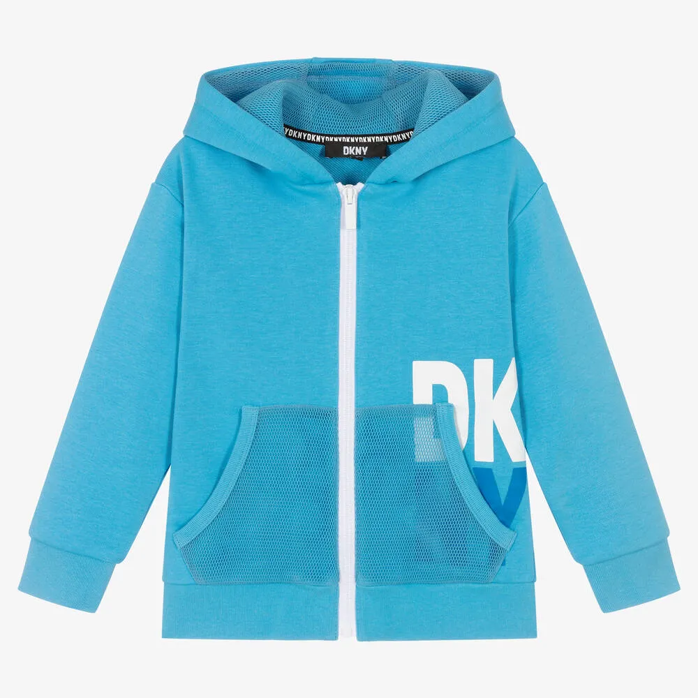 Boys Blue Cotton Logo Zip-Up Hoodie