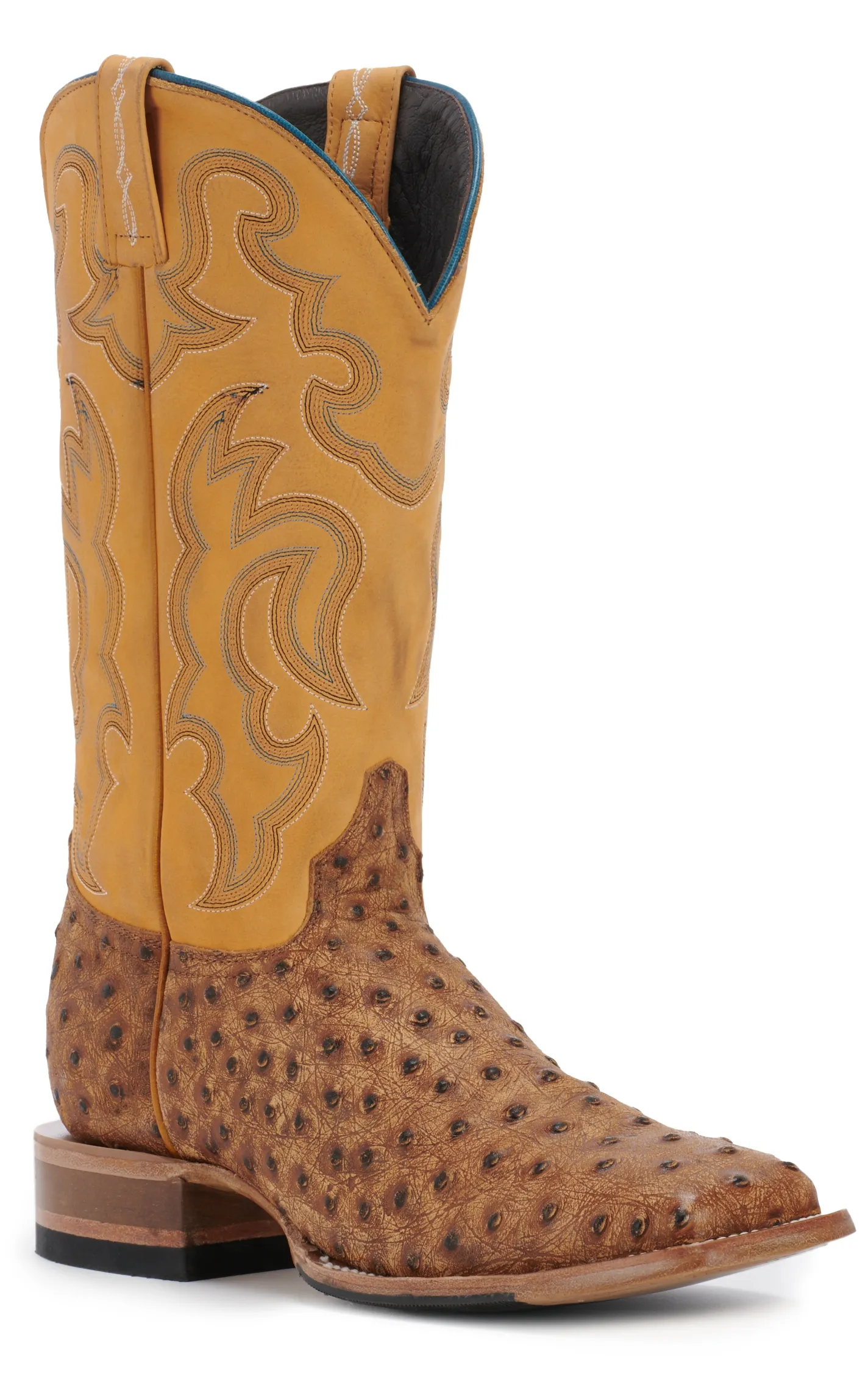 Cavender's Men's Ranch Tan Ostrich Print and Yellow Wide Square Toe Cowboy Boots