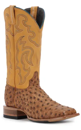 Cavender's Men's Ranch Tan Ostrich Print and Yellow Wide Square Toe Cowboy Boots