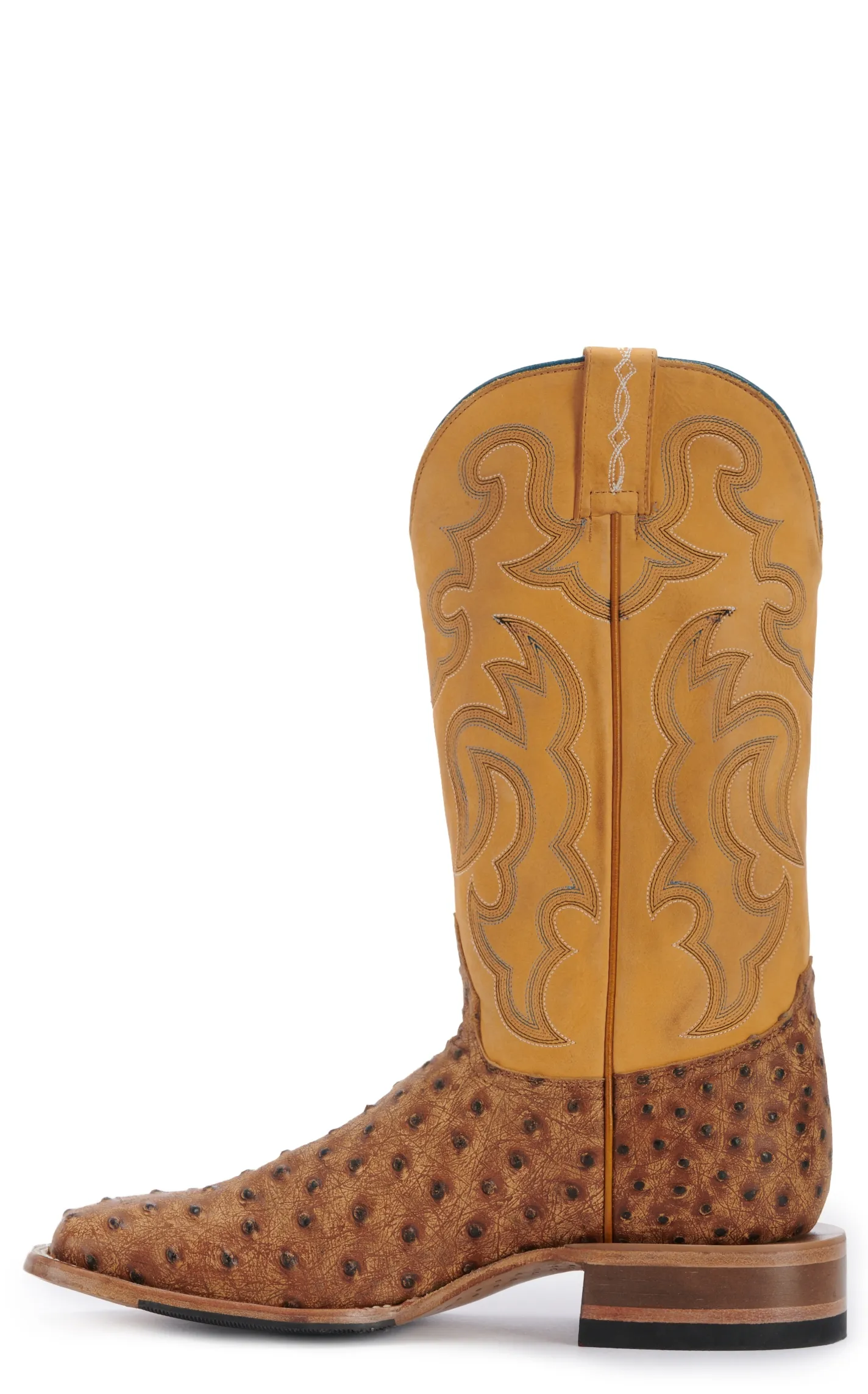 Cavender's Men's Ranch Tan Ostrich Print and Yellow Wide Square Toe Cowboy Boots