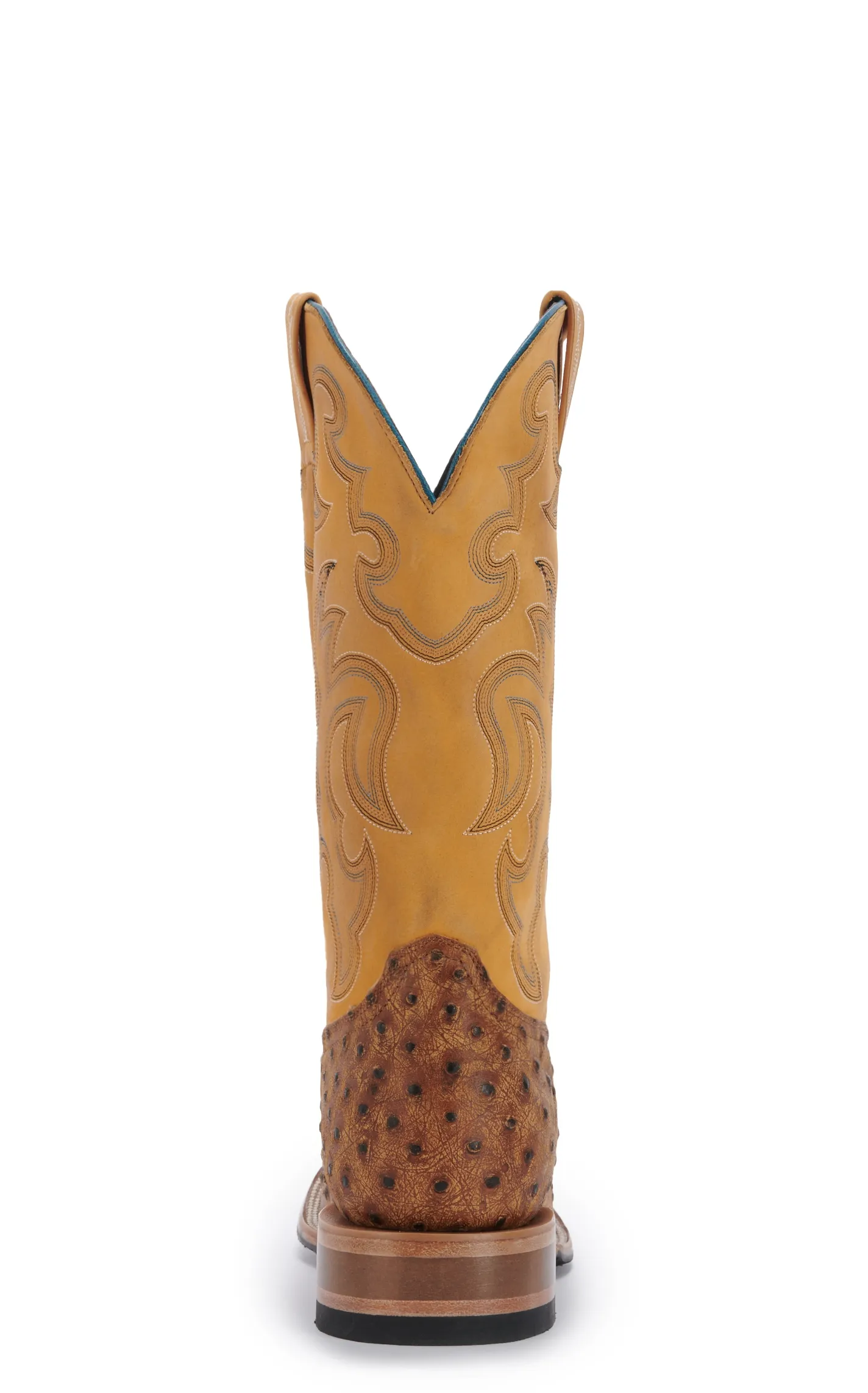 Cavender's Men's Ranch Tan Ostrich Print and Yellow Wide Square Toe Cowboy Boots