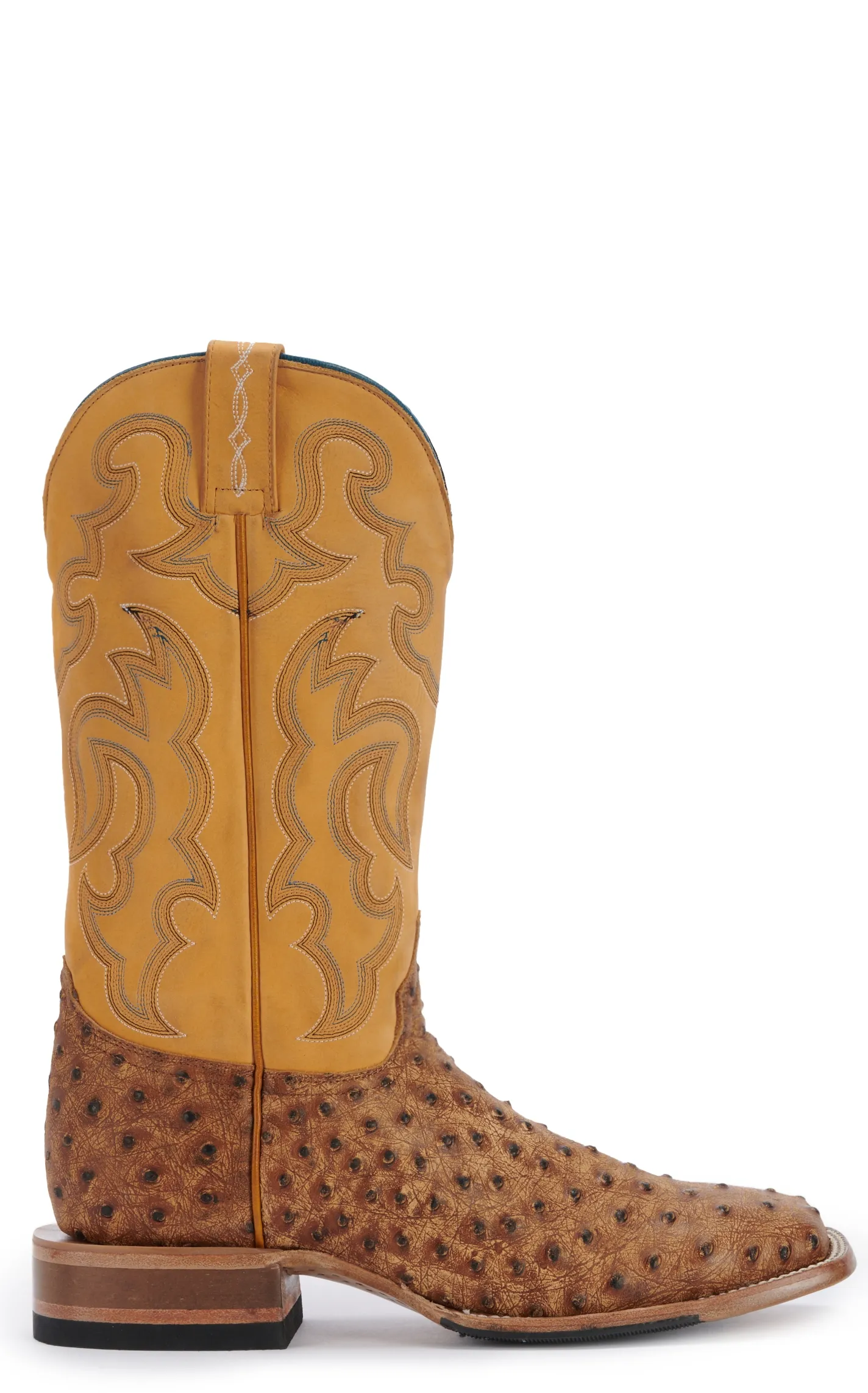 Cavender's Men's Ranch Tan Ostrich Print and Yellow Wide Square Toe Cowboy Boots