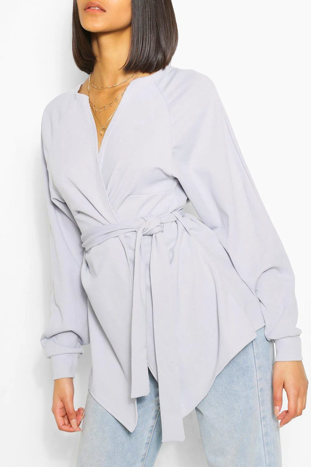 Crepe Cuffed Bell Sleeve Mini Tie Kimono