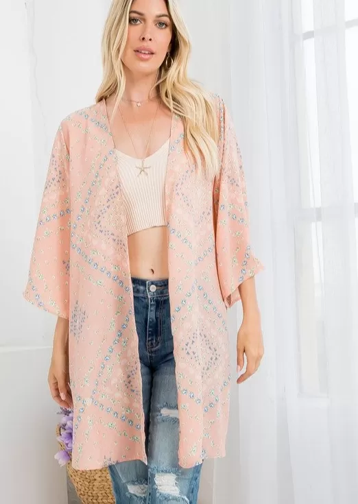 FINAL SALE - Dusty Rose Bandana Print Kimono Cardigan