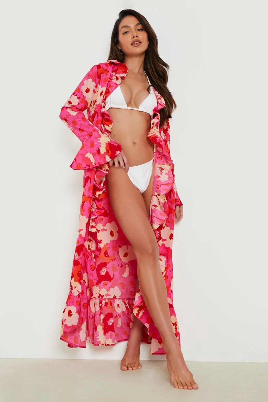 Floral Ruffle Detail Maxi Beach Kimono