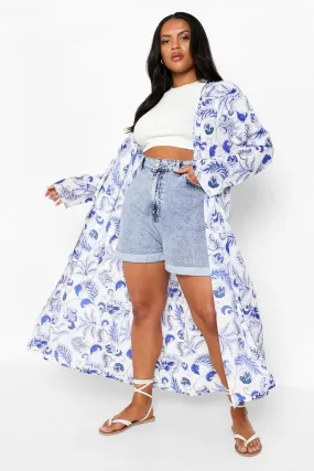 Plus Woven Floral Longline Kimono