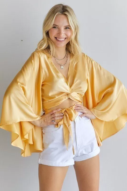 Satin Kimono Sleeve Wrap Top