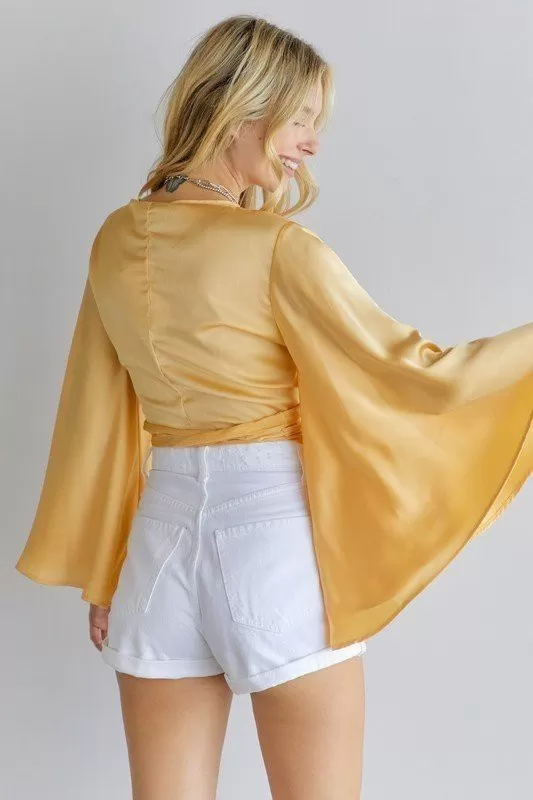 Satin Kimono Sleeve Wrap Top