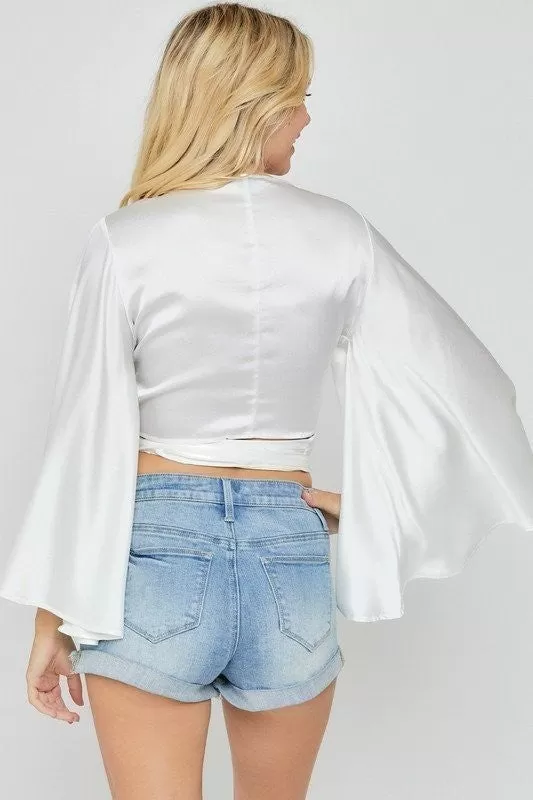 Satin Kimono Sleeve Wrap Top