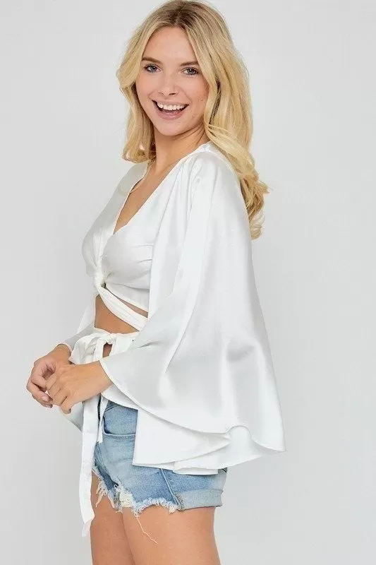 Satin Kimono Sleeve Wrap Top