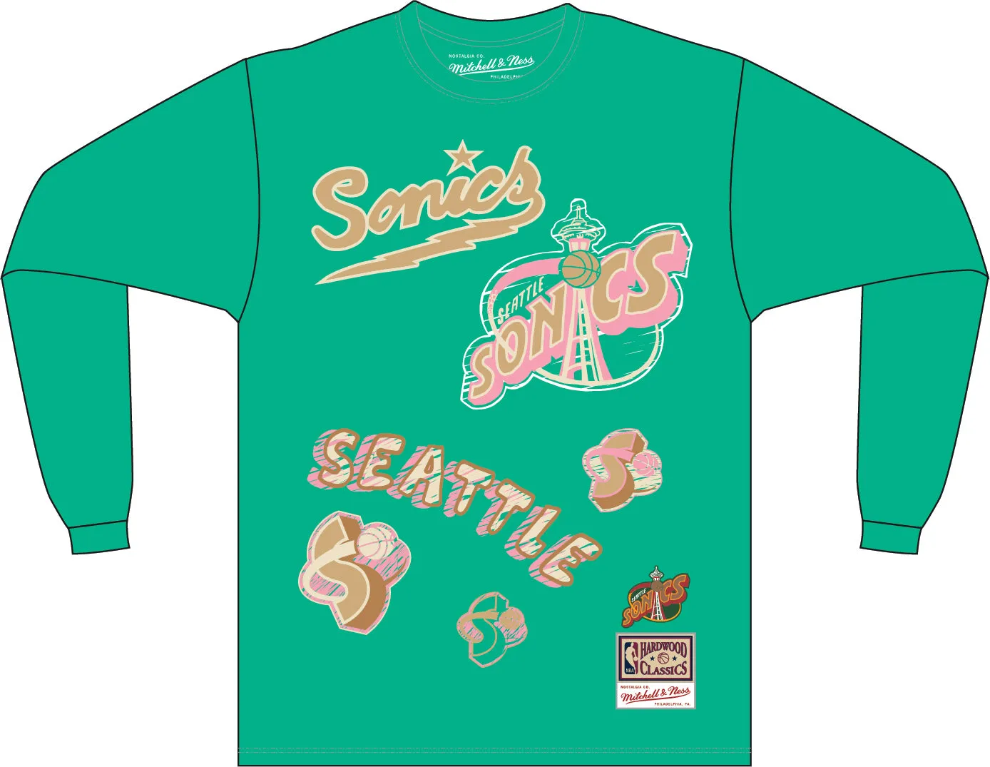 Seattle Supersonics Hardwood Classics Sidewalk Sketch | Teal Long Sleeve T-shirt