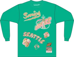 Seattle Supersonics Hardwood Classics Sidewalk Sketch | Teal Long Sleeve T-shirt