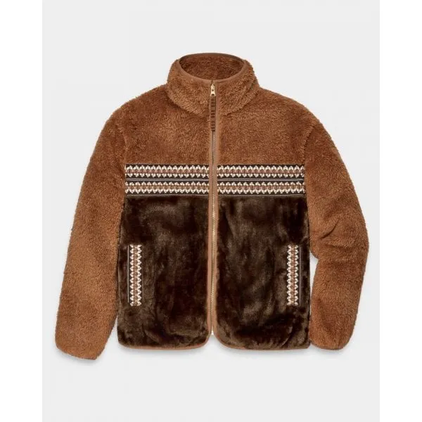 UGG Womens Marlene UGGfluff Sherpa Jacket in Chestnut Heritage Braid