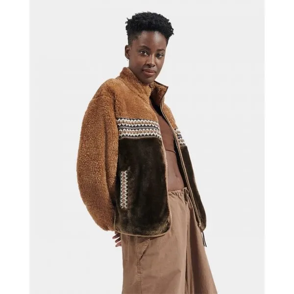 UGG Womens Marlene UGGfluff Sherpa Jacket in Chestnut Heritage Braid