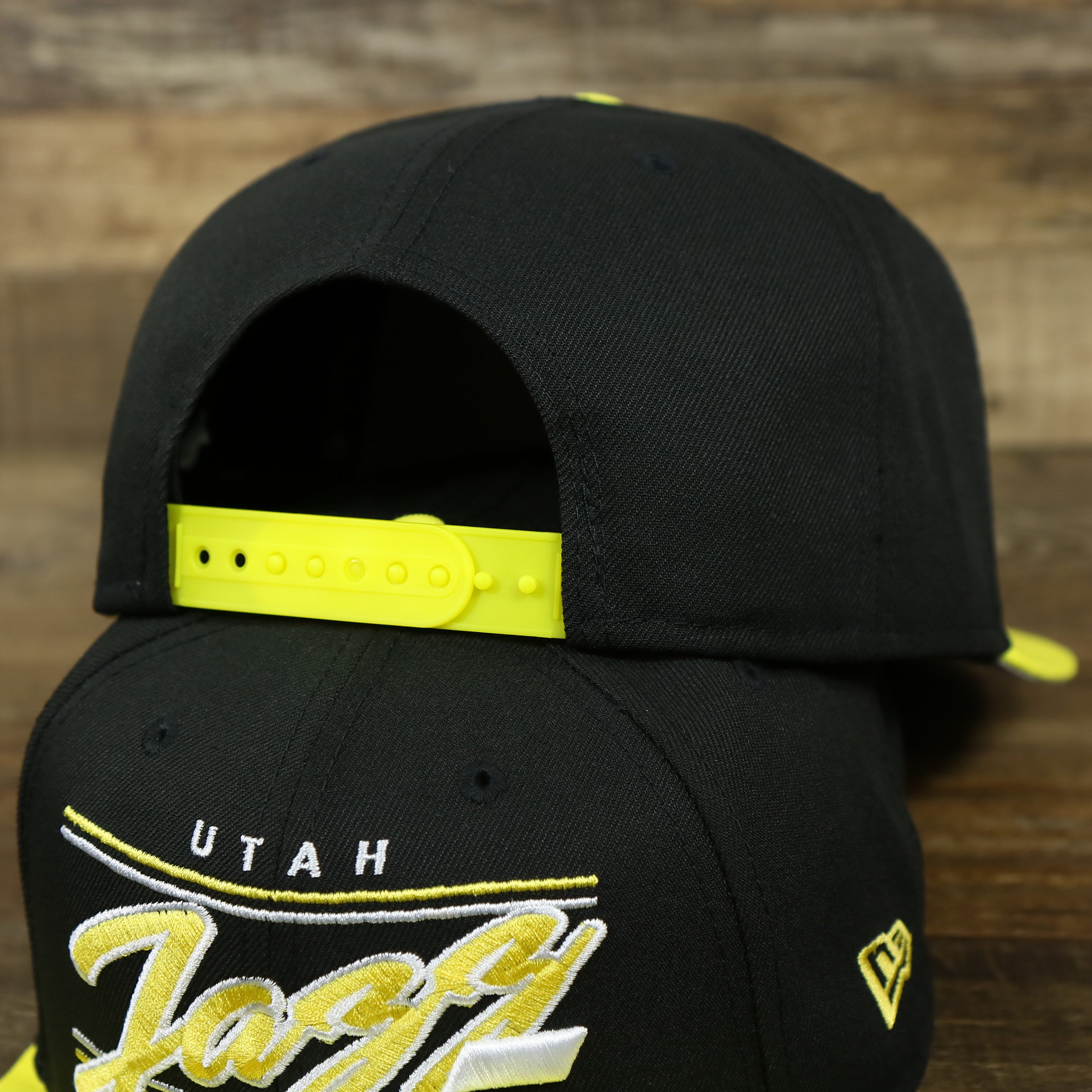 Utah Jazz Team Script College Bar Gray Bottom 9Fifty Snapback | Black and Yellow Snap Cap