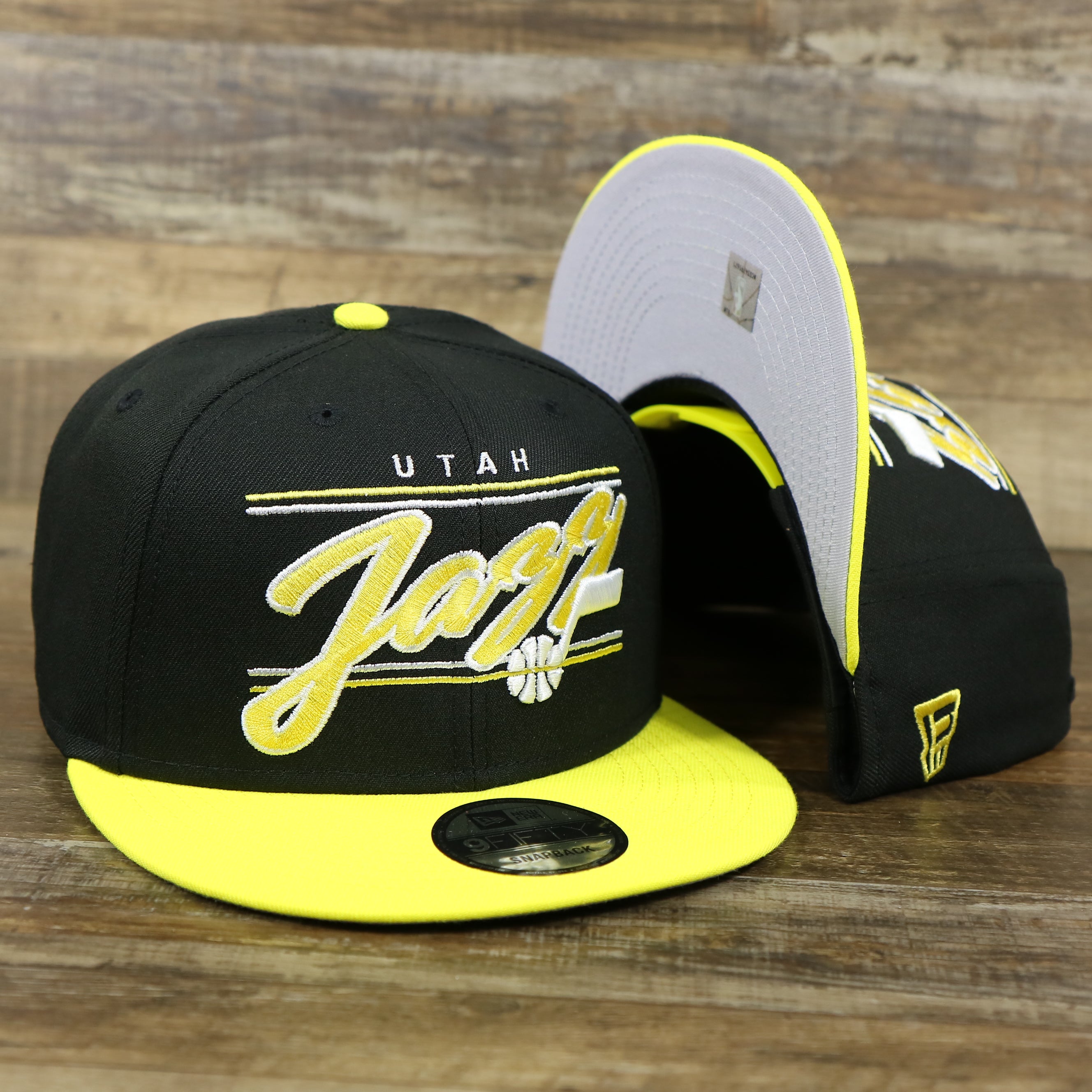 Utah Jazz Team Script College Bar Gray Bottom 9Fifty Snapback | Black and Yellow Snap Cap