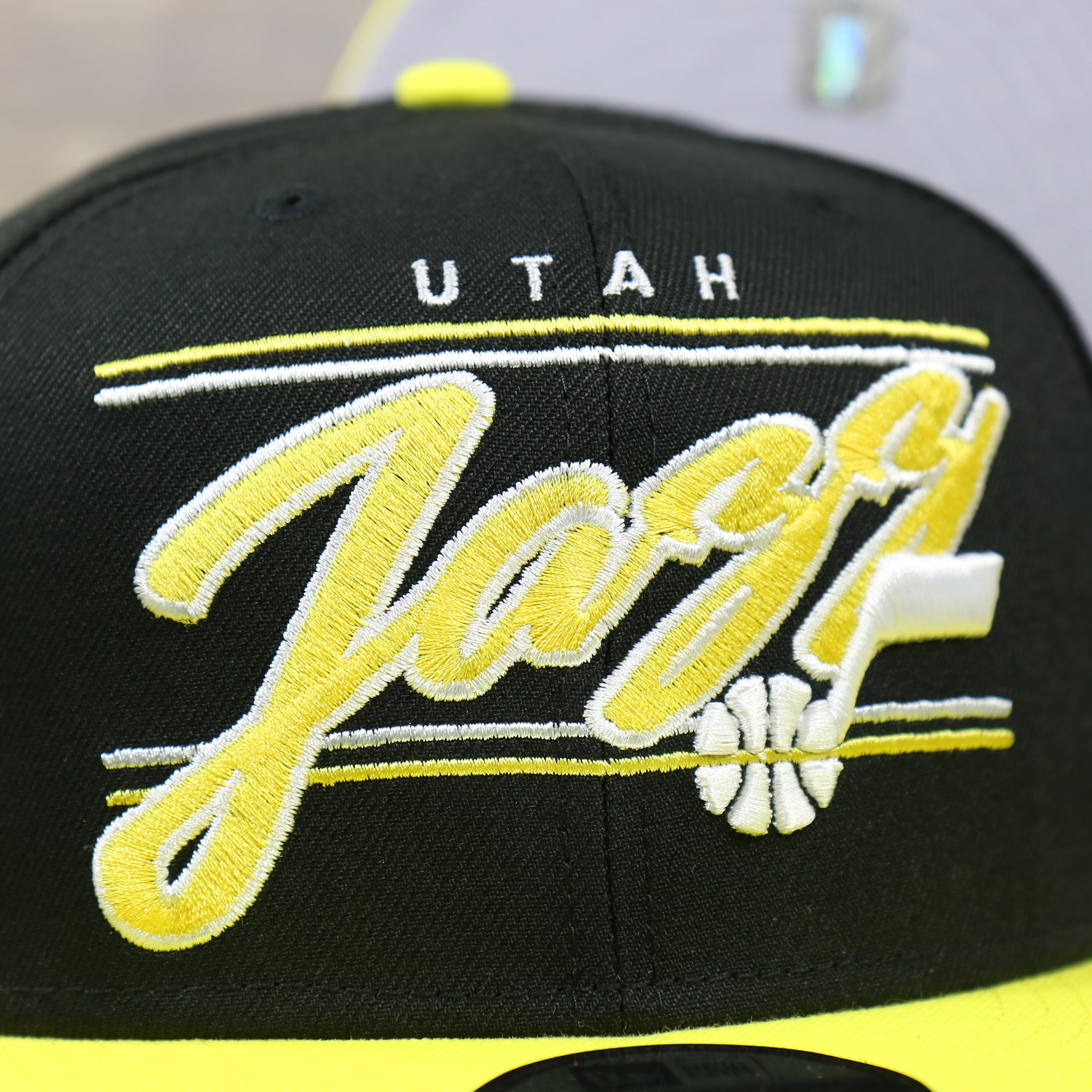 Utah Jazz Team Script College Bar Gray Bottom 9Fifty Snapback | Black and Yellow Snap Cap