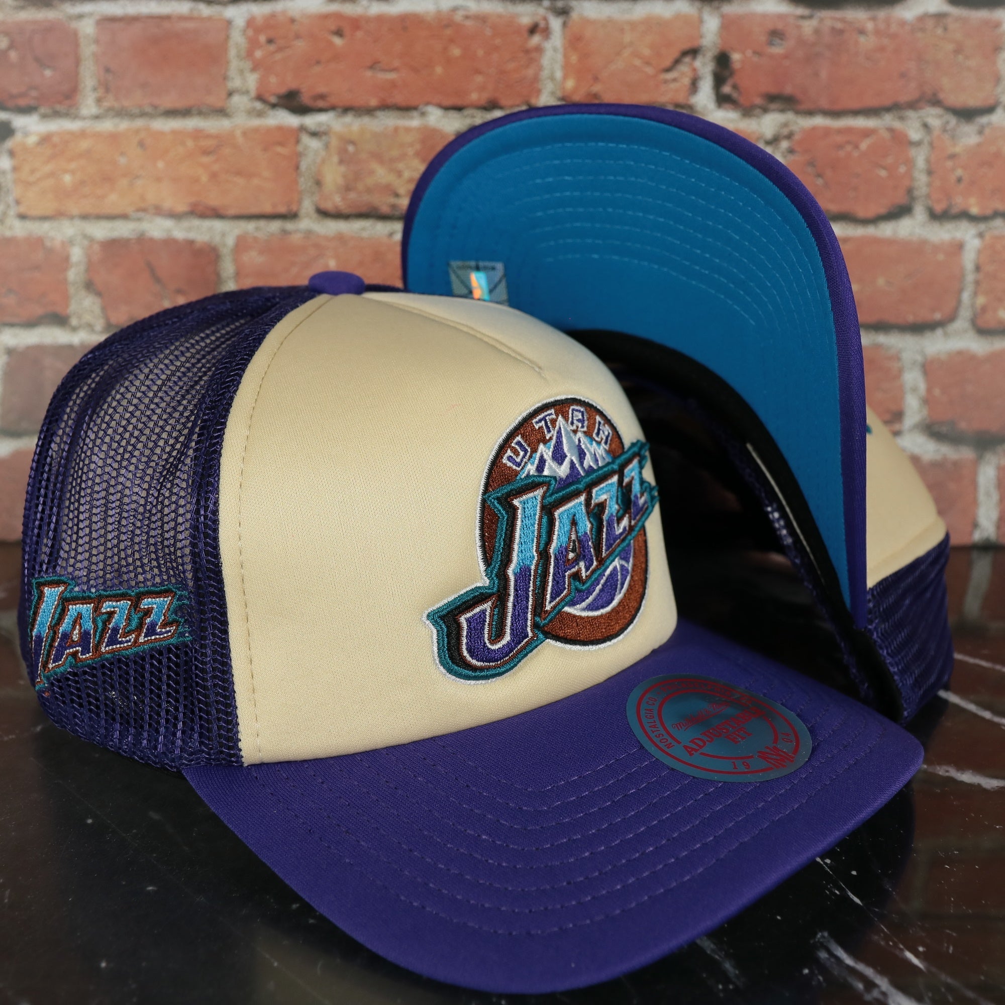 Utah Jazz Vintage Jazz wordmark blue Bottom 2-Tone Foam Trucker Hat | Purple/Off-White Mitchell and Ness Hat