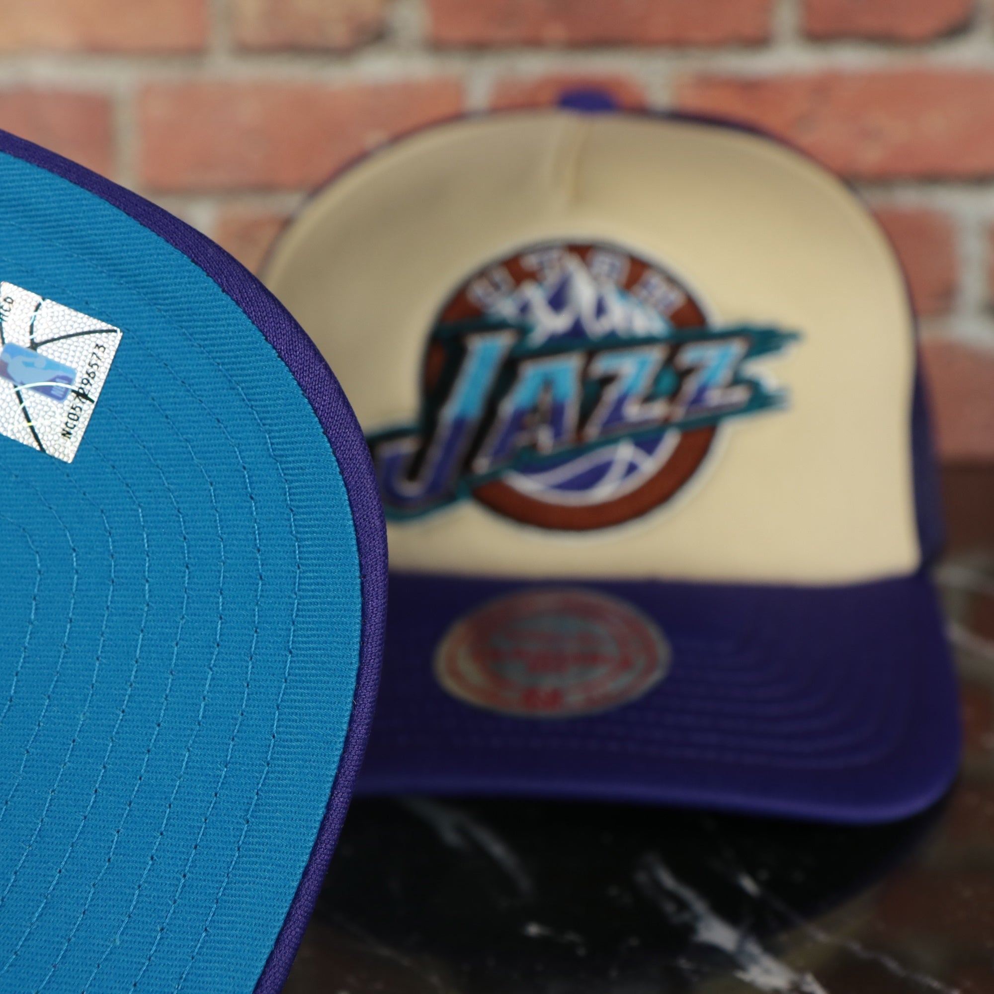 Utah Jazz Vintage Jazz wordmark blue Bottom 2-Tone Foam Trucker Hat | Purple/Off-White Mitchell and Ness Hat