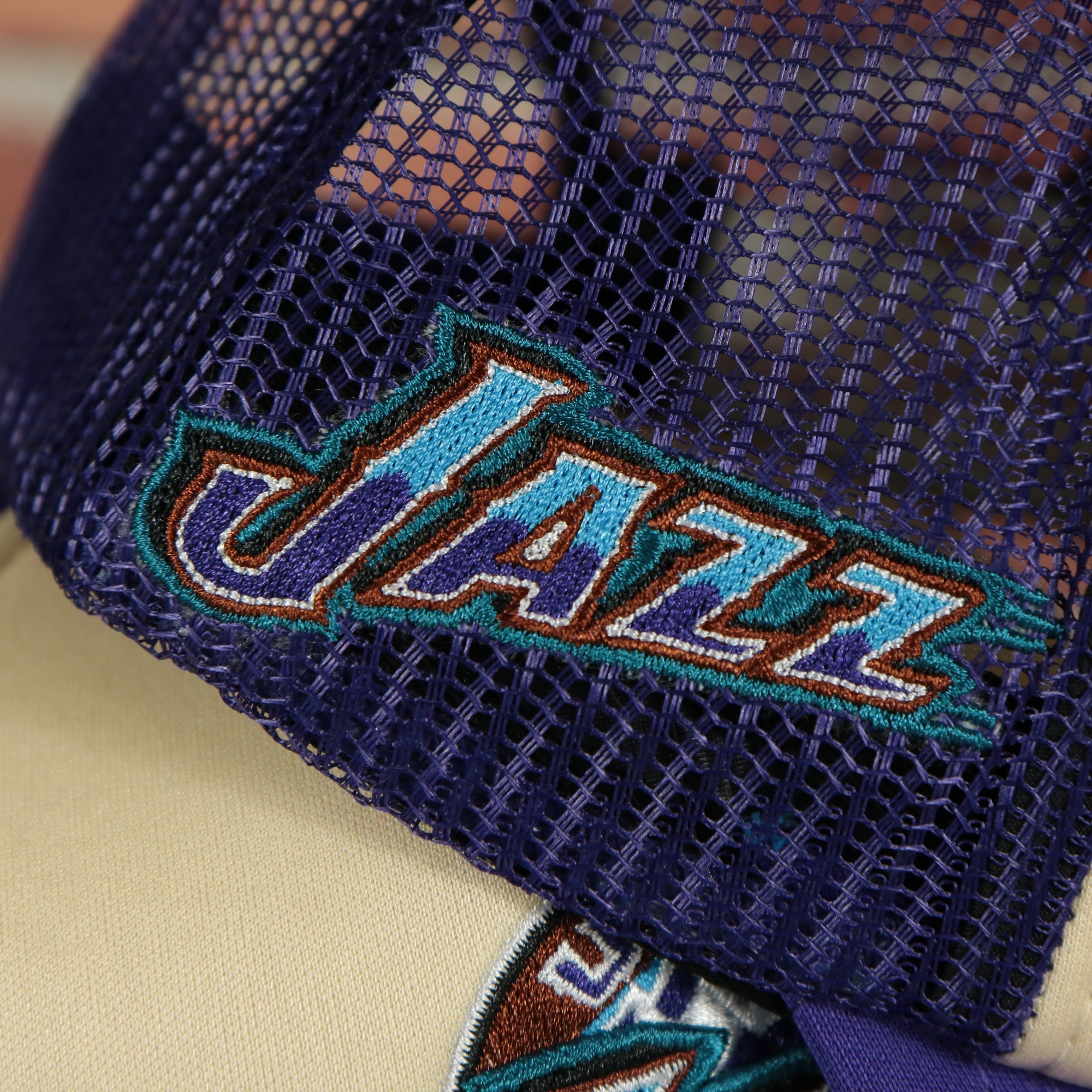 Utah Jazz Vintage Jazz wordmark blue Bottom 2-Tone Foam Trucker Hat | Purple/Off-White Mitchell and Ness Hat