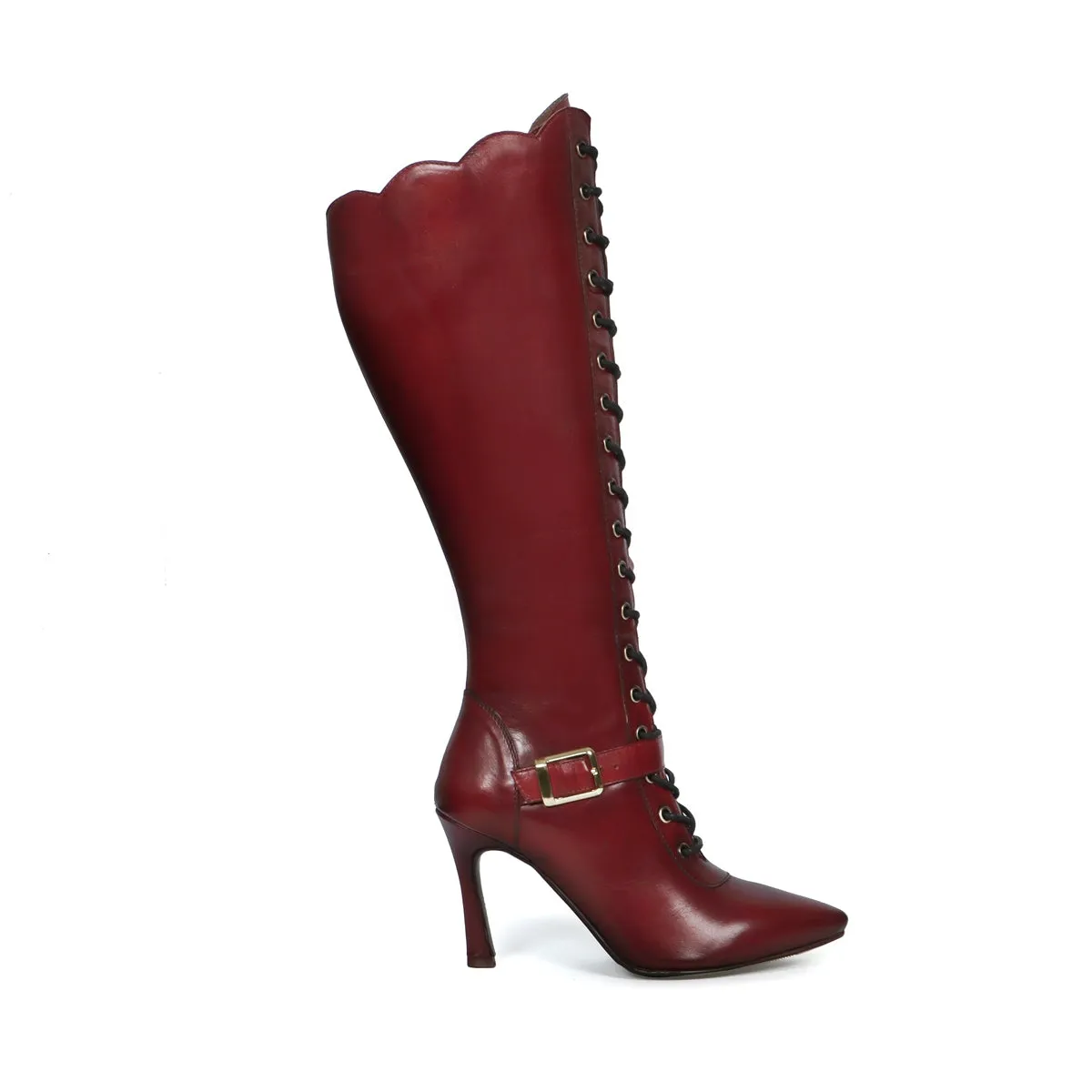 Wavy Cut Stiletto High Heels full Lace Up Zipper Closure With Buckle Wine Long Boots For Ladies By Brune & Bareskin