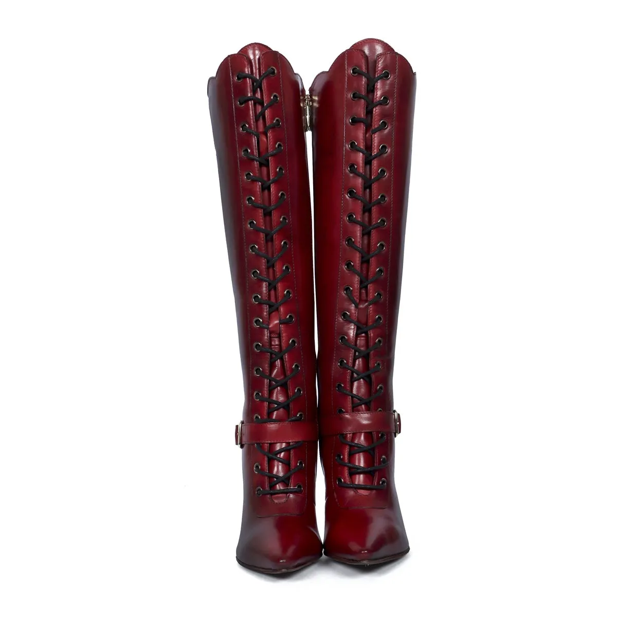 Wavy Cut Stiletto High Heels full Lace Up Zipper Closure With Buckle Wine Long Boots For Ladies By Brune & Bareskin