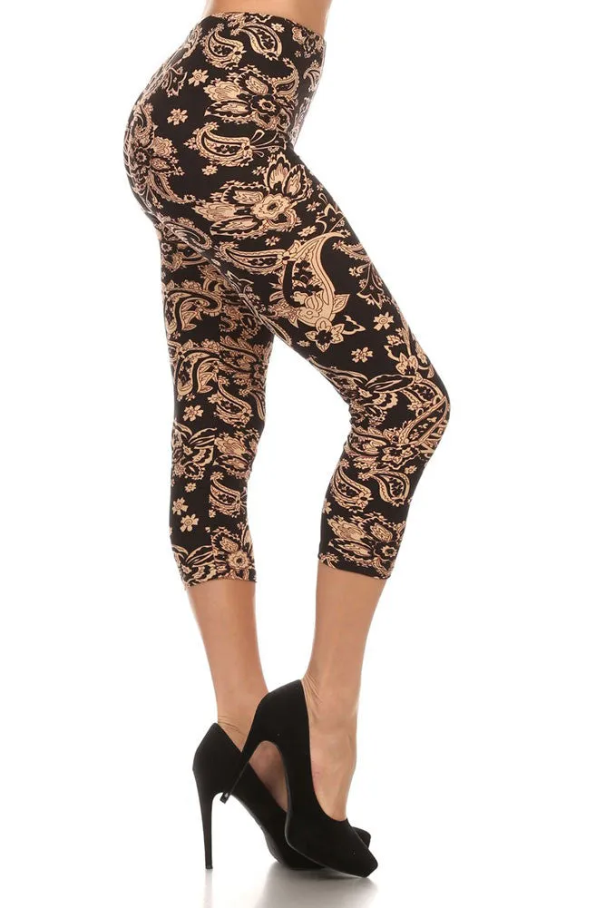 Women's Regular Taupe Color Paisley Print Capri Leggings - Black Taupe