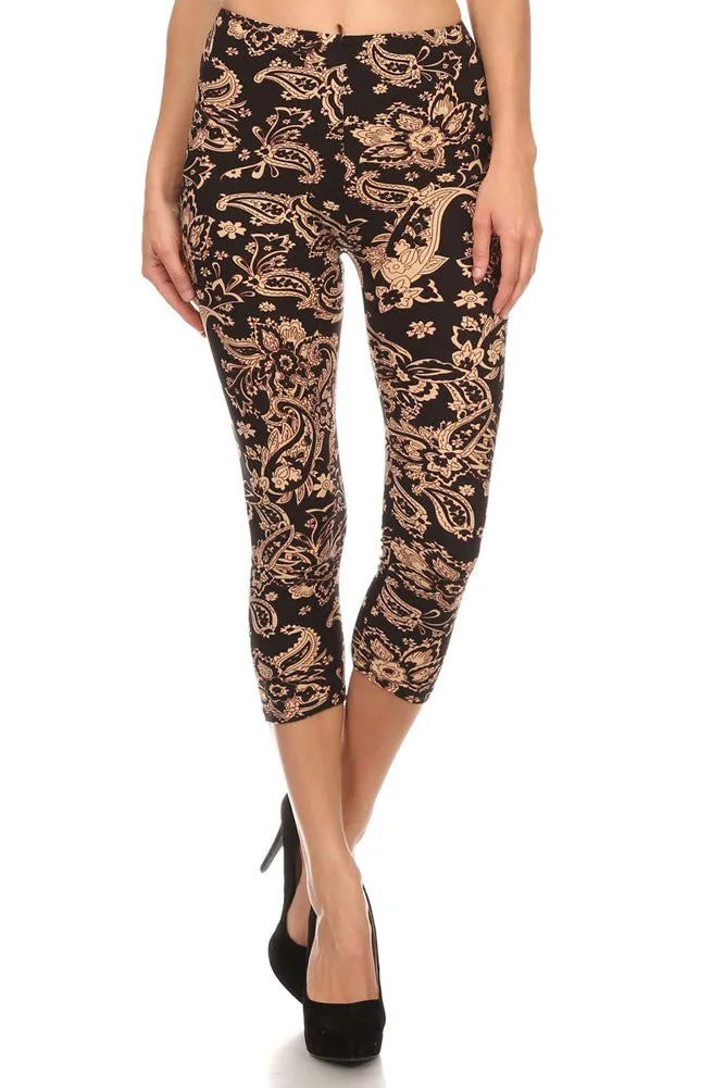 Women's Regular Taupe Color Paisley Print Capri Leggings - Black Taupe