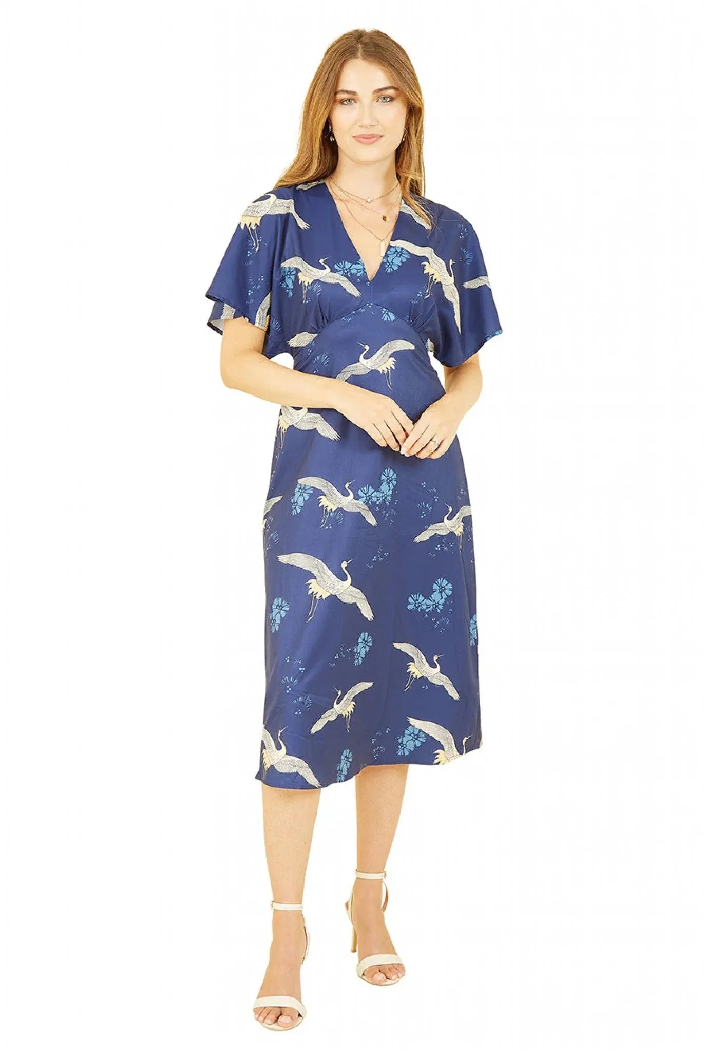 Yumi Navy Crane Print Kimono Midi Dress